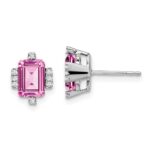 14k White Gold 7x5mm Emerald-cut Lab Created Pink Sapphire and Diamond Post Earrings
