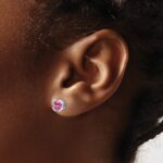 14k White Gold 5.5mm Cushion Lab Created Pink Sapphire and Diamond Post Earrings - Image 3