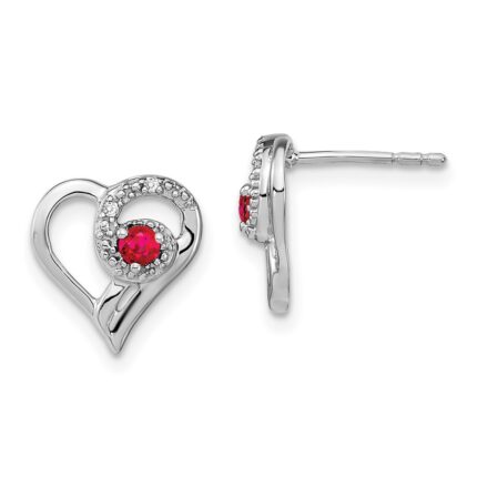 14k White Gold Ruby and Diamond Heart Post Earrings