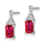 14k White Gold 6x4mm Emerald-cut Ruby and Diamond Post Earrings - Image 2