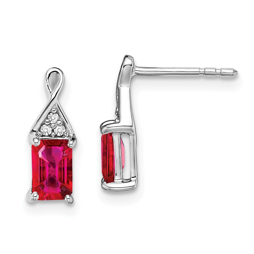 EM7187-RU-004-WA.jpg 14k White Gold 6x4mm Emerald-cut Ruby and Diamond Post Earrings - Image 1