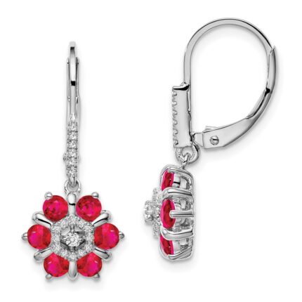 14k White Gold Ruby and Diamond Floral Leverback Earrings