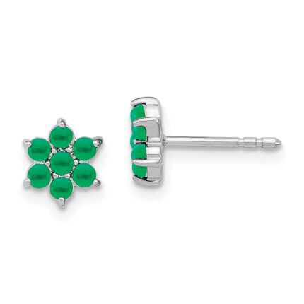 14k White Gold Emerald Cabochon Floral Post Earrings