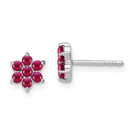 14k White Gold Ruby Cabochon Floral Post Earrings
