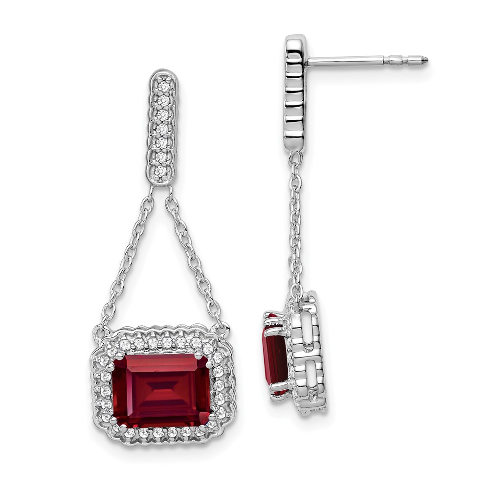 EM7227-RU-033-WA.jpg 14k White Gold 8x6mm Emerald-cut Lab Created Ruby and Diamond Chain Dangle Post Earrings - Image 1