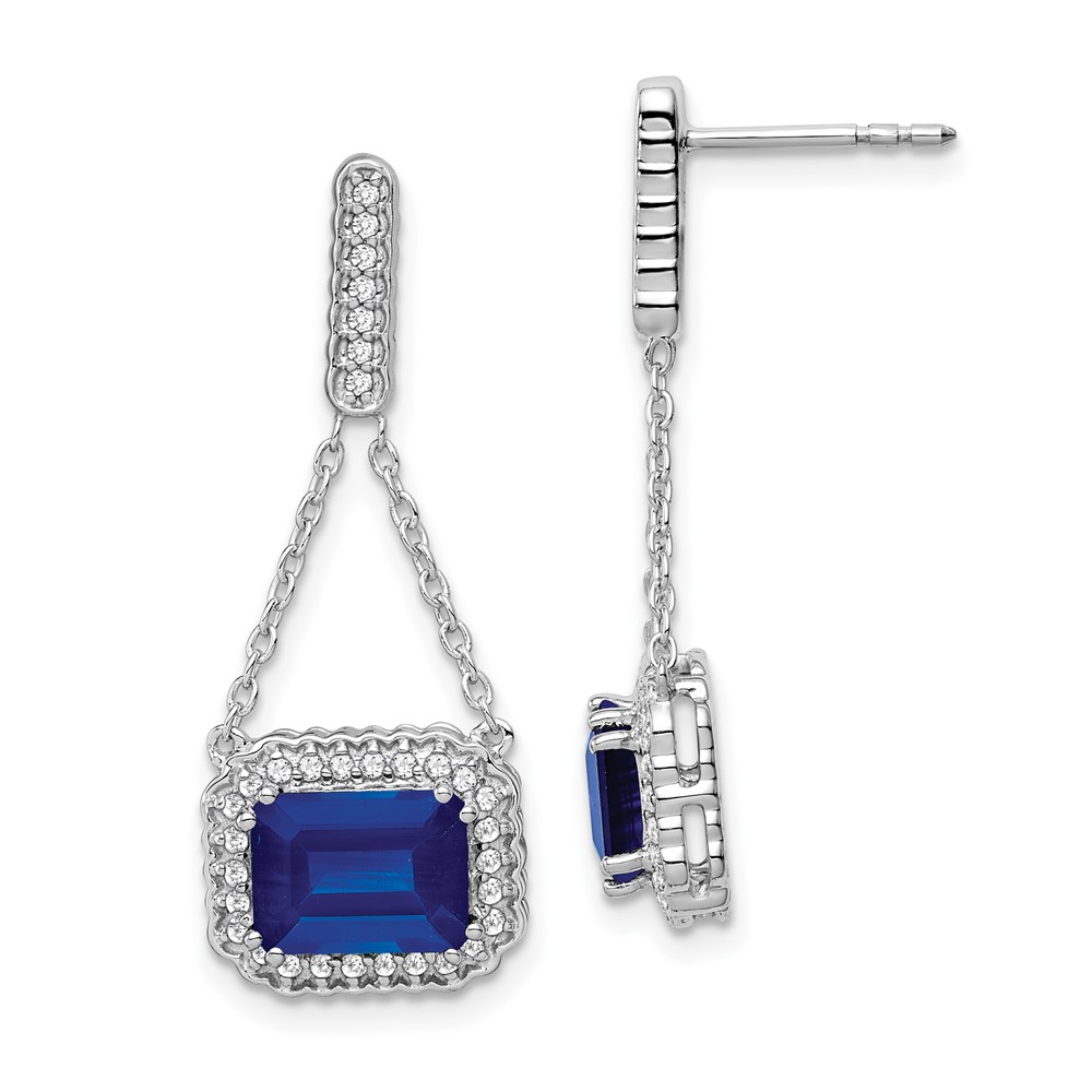 EM7227-SA-033-WA.jpg 14k White Gold 8x6mm Emerald-cut Lab Created Sapphire and Diamond Chain Dangle Post Earrings - Image 1