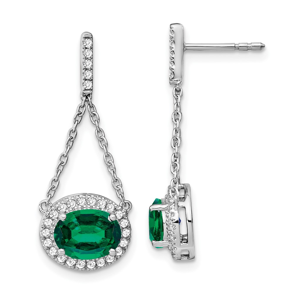 EM7228-EM-033-WA.jpg 14k White Gold 8x6mm Oval Lab Created Emerald and Diamond Chain Dangle Post Earrings - Image 1