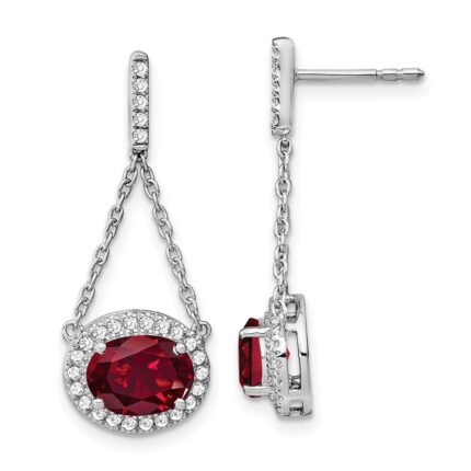 14k White Gold 8x6mm Oval Lab Created Ruby and Diamond Chain Dangle Post Earrings