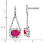 14k White Gold 8x6mm Oval Lab Created Ruby and Diamond Chain Dangle Post Earrings - Image 4