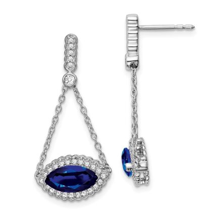 14k White Gold 10x5mm Marquise Lab Created Sapphire and Diamond Chain Dangle Post Earrings