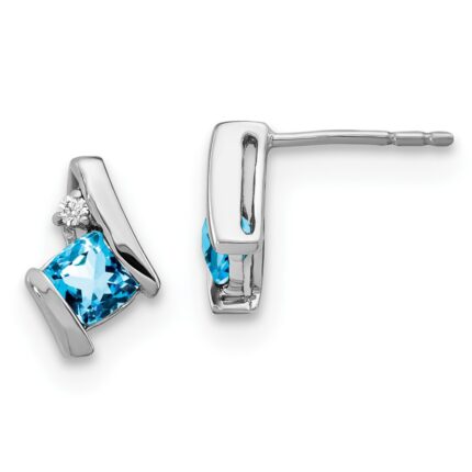 14k White Gold 4mm Cushion December/Blue Topaz and Diamond Post Earrings