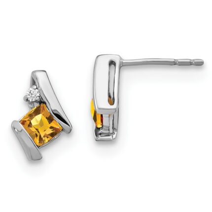 14k White Gold 4mm Cushion November/Citrine and Diamond Post Earrings