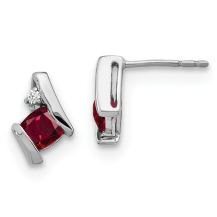 14k White Gold 4mm Cushion July/Lab Created Ruby and Diamond Post Earrings