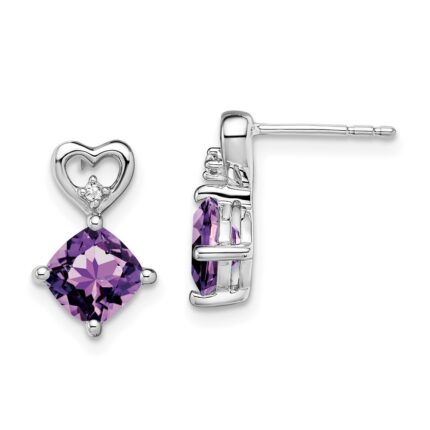 14k White Gold 6mm Cushion February/Amethyst and Diamond Heart Post Earrings