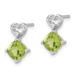 14k White Gold 6mm Cushion August/Peridot and Diamond Heart Post Earrings - Image 2