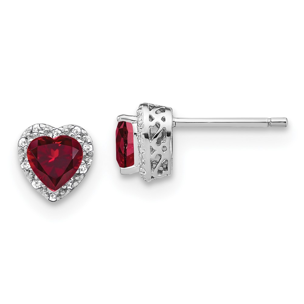 EM7400-CRU-010-SSA-1.jpg 14k White Gold 1/10 carat Lab Grown Diamond VS/SI+ G+ and Created Ruby Complete Heart Halo Post Earrings - Image 1
