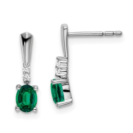 14k White Gold 5x3 Oval May/Lab Created Emerald and Diamond Dangle Post Earrings