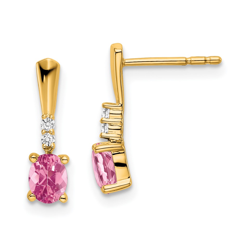 EM7407-PT-004-YA.jpg 14K 5x3 Oval October/Pink Tourmaline and Diamond Dangle Post Earrings - Image 1