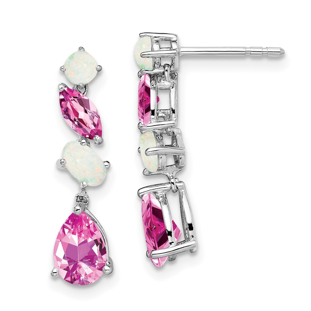 EM7458-CPS_OP-W.jpg 14k White Gold Lab Created Pink Sapphire and Opal Dangle Post Earrings - Image 1