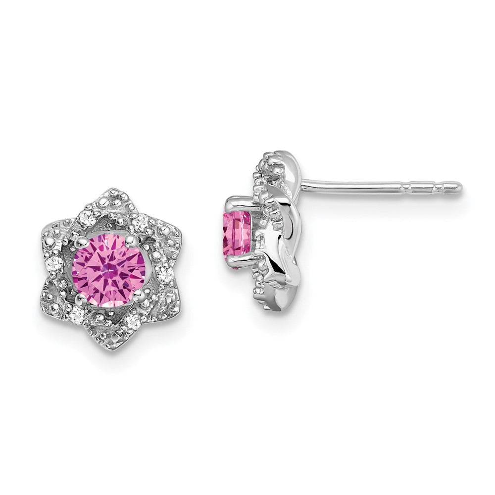 EM7459-CPS-006-WA.jpg 14k White Gold Lab Created Pink Sapphire and Diamond Floral Post Earrings - Image 1