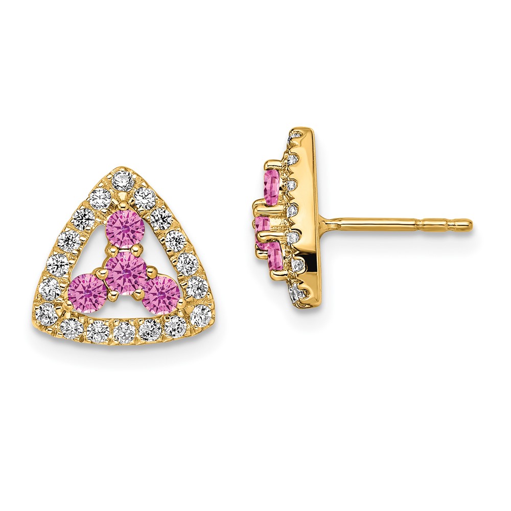 EM7932-CPS-039-YAA.jpg Pure Serenity 14k 3/8 carat Lab Grown Diamond VS/SI+ G+ and Lab Created Pink Sapphire Triangle Post Earrings - Image 1