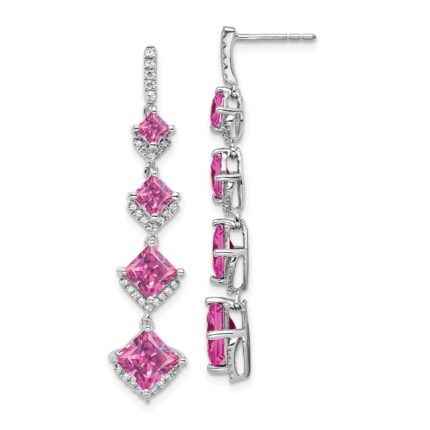 14k White Gold 1/3 carat Lab Grown Diamond VS/SI+ G+ and Lab Created Pink Sapphire Dangle Post Earrings