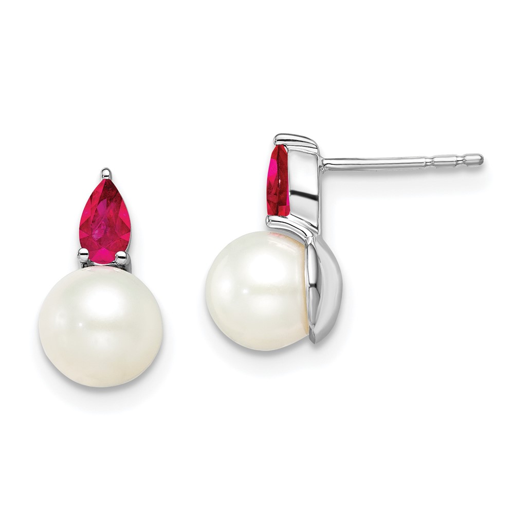 EM8094-RU-W.jpg 14k White Gold 6-7mm White Round Freshwater Cultured Pearl and .60RU Pear Ruby Post Earrings - Image 1