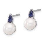 14k White Gold 6-7mm White Round Freshwater Cultured Pearl and .60SA Pear Sapphire Post Earrings - Image 2
