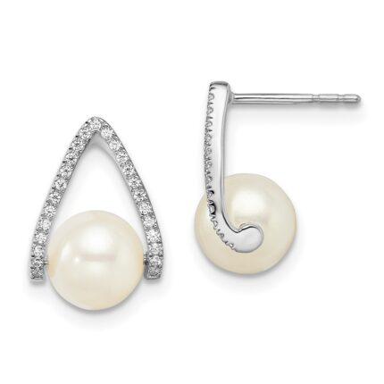 14k White Gold 6-7mm White Button Freshwater Cultured Pearl and .15 carat Diamond Post Earrings