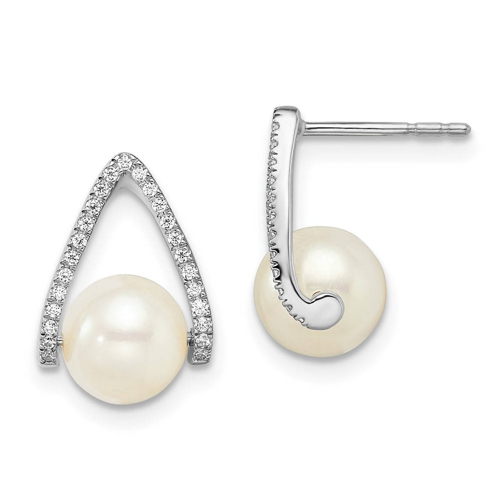 EM8099-PL-015-W.jpg 14k White Gold 6-7mm White Button Freshwater Cultured Pearl and .15 carat Diamond Post Earrings - Image 1