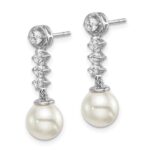 14k White Gold 6-7mm White Round Freshwater Cultured Pearl and .34 carat Diamond Dangle Post Earrings - Image 2