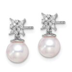 14k White Gold 6-7mm White Round Freshwater Cultured Pearl and .07 carat Diamond Dangle Post Earrings - Image 2