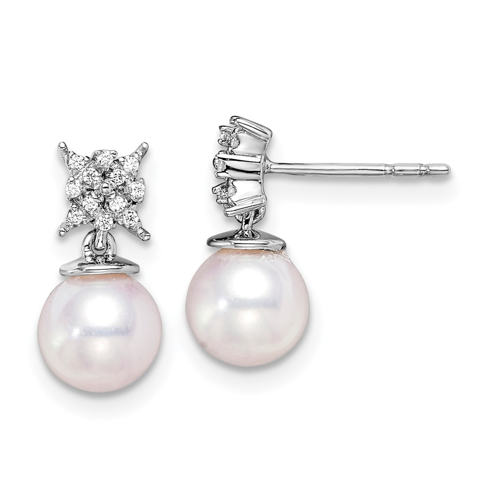 EM8510-PL-007-WA.jpg 14k White Gold 6-7mm White Round Freshwater Cultured Pearl and .07 carat Diamond Dangle Post Earrings - Image 1