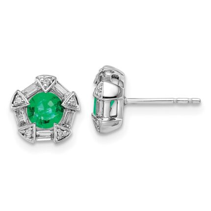 14k White Gold 4.5mm Round Emerald and Diamond Post Earrings
