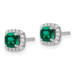 14k White Gold 1/10 carat Lab Grown Diamond VS/SI+ G+ and Created Emerald Complete Square Halo Post Earrings - Image 2