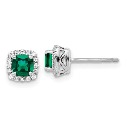 10k White Gold 1/10 carat Lab Grown Diamond VS/SI+ G+ and Created Emerald Complete Square Halo Post Earrings