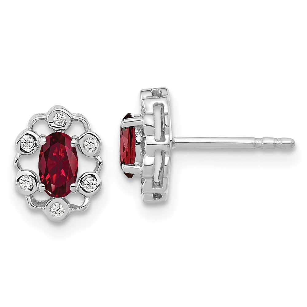 EM9657-CRU-006-WAA.jpg 14k White Gold 1/20 carat Lab Grown Diamond VS/SI+ G+ and Oval Created Ruby Complete Halo Post Earrings - Image 1