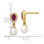 14K White Round Freshwater Cultured Pearl/.09 carat Diamond/Pear Ruby Dangle Post Earrings - Image 3