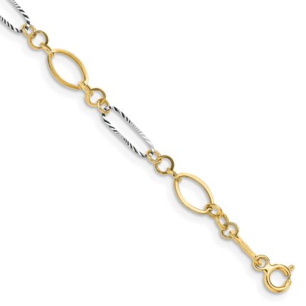 14k Two-tone Polished and Textured Oval Link 7.25 inch Bracelet