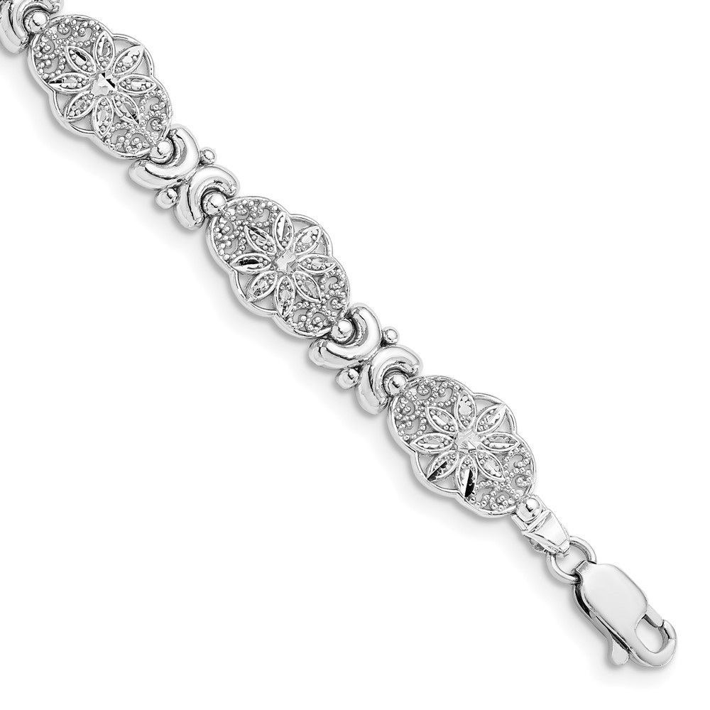 FB1449W-7.5.jpg 14K White Gold Polished and Textured Fancy Floral Link 7.5 inch Bracelet - Image 1