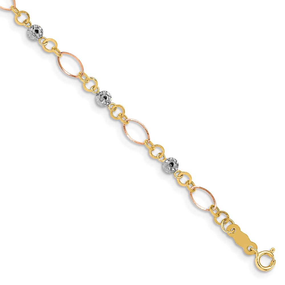 FB1467Y_W_R-7.5.jpg 14k Tri-color Polished Diamond-cut Ovals and Donut Beads 7.5 inch Bracelet - Image 1