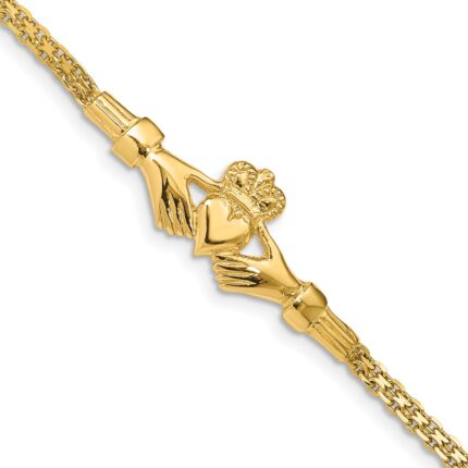 14K Polished Claddagh and Bismark Chain 7 inch Bracelet