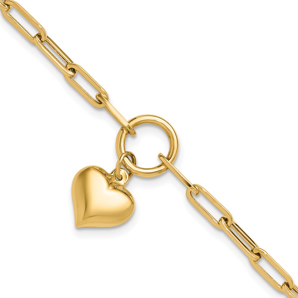 FB1983-7.25.jpg 14K Polished Puffed Heart Dangle Paper Clip Link 7.25 inch Bracelet - Image 1