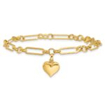 14K Polished Puffed Heart Charm Dangle Figaro Link 7.5 inch Bracelet - Image 3
