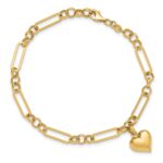 14K Polished Puffed Heart Charm Dangle Figaro Link 7.5 inch Bracelet - Image 4