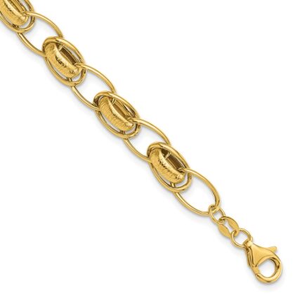 14k Polished and Textured 7mm Fancy Link 7.5 inch Bracelet