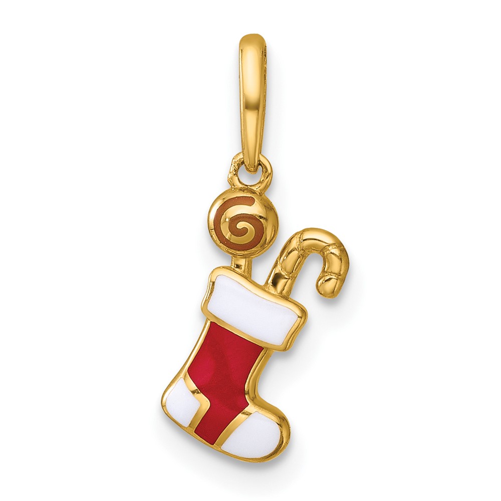 GK1195.jpg 14k Madi K Polished Red and White Epoxy Christmas Stocking with Candy Childrens Charm / Pendant - Image 1