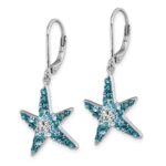 Sterling Silver Rhodium-Plated Polished Blue and White Crystal Starfish Leverback Earrings - Image 2