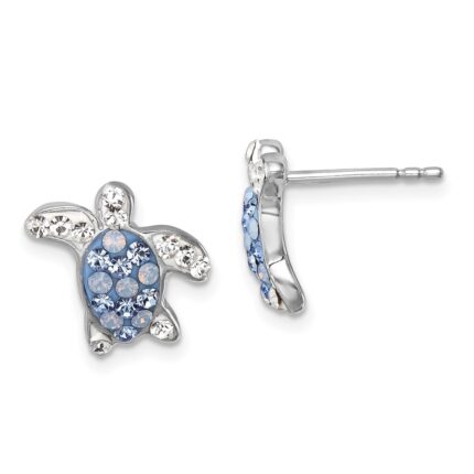 Sterling Silver Rhodium-plated Polished Blue and White Crystal Turtle Post Earrings