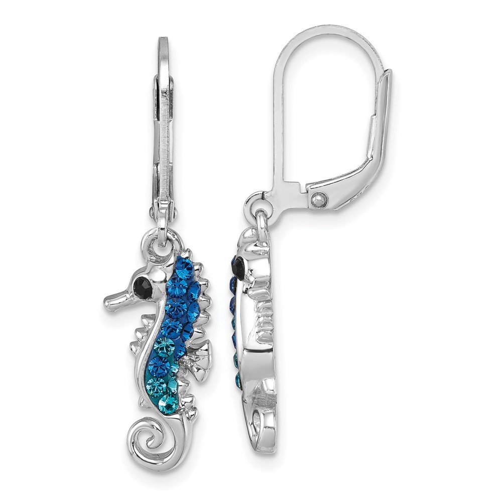 IE-097.jpg Sterling Silver Rhodium-plated Polished Blue Crystal Seahorse Dangle Earrings - Image 1